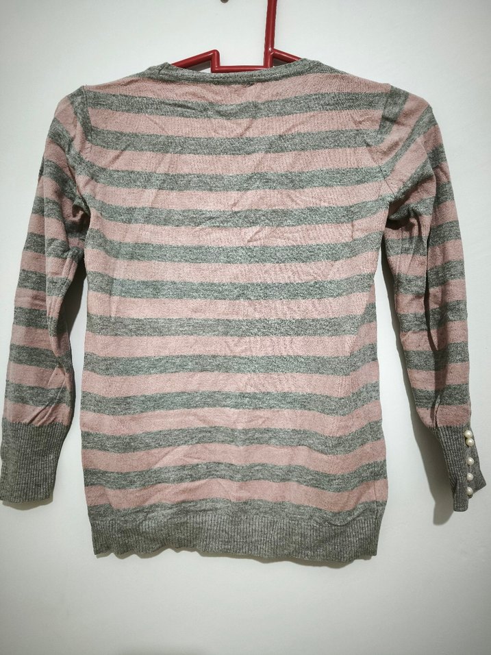 Düğmeli Çizgili Gri Kadın Triko - Görsel 3