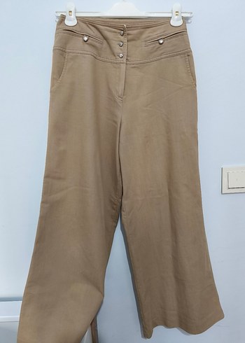 Bej Keten Kadın Normal Boy Pantolon - Görsel 3