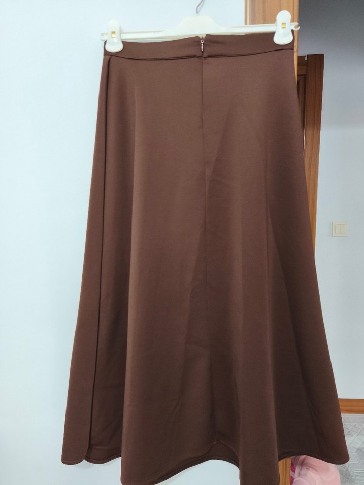 Drapeli Kahverengi Uzun Kadın Etek - Görsel 4