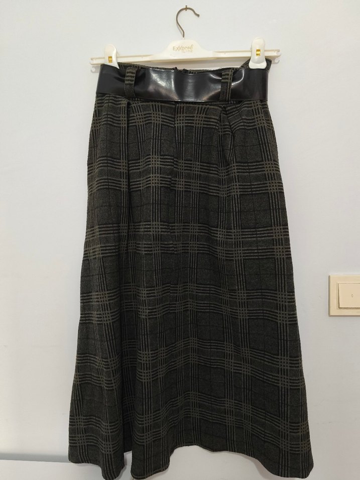 Kemerli Uzun Ekose Kadın Etek - Görsel 3