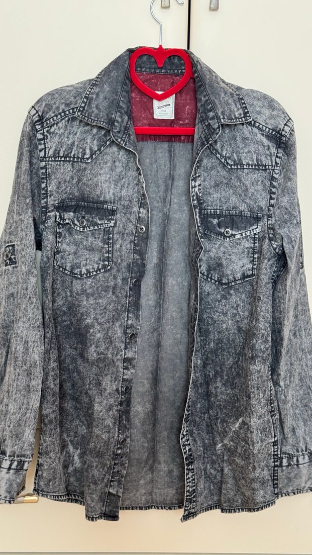 Gri Denim Düğmeli erkek Gömlek - Görsel 2