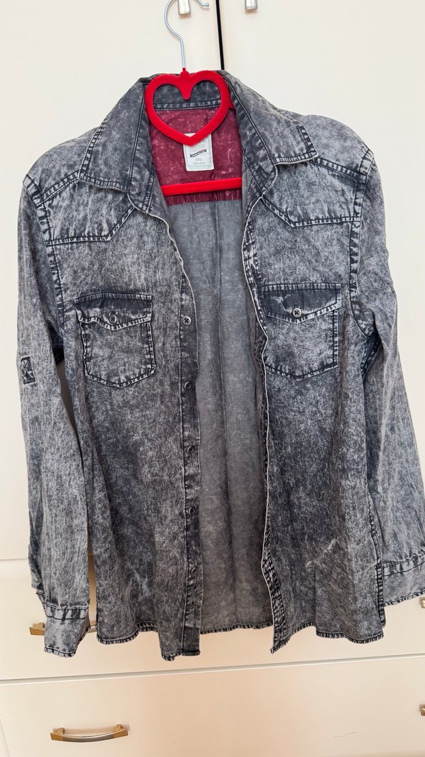 Gri Denim Düğmeli erkek Gömlek - Görsel 3