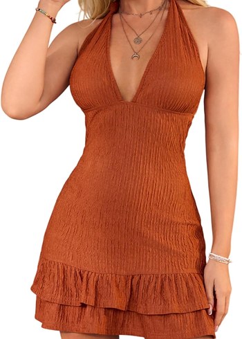 Kahverengi V Yakalı Mini Bohem Elbise - Görsel 5