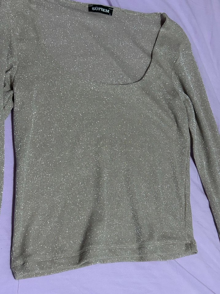 Pudra Simli V Yaka Uzun Kollu bluz - Görsel 3