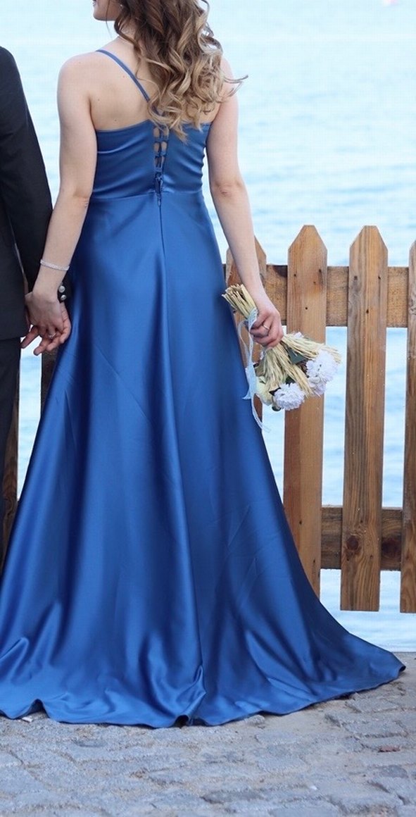 Mavi Drapeli Uzun Abiye Elbise - Görsel 4