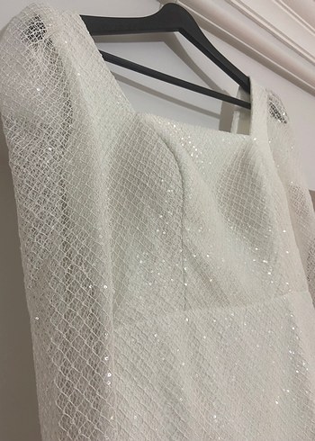 Dantel Detaylı Beyaz Midi Nişan Elbisesi - Görsel 6