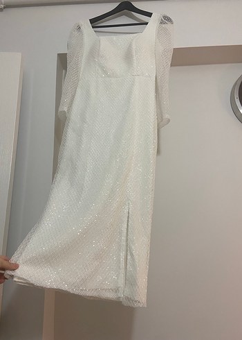 Dantel Detaylı Beyaz Midi Nişan Elbisesi - Görsel 2