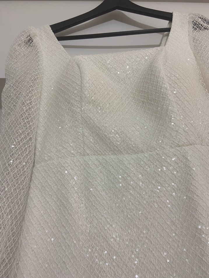 Dantel Detaylı Beyaz Midi Nişan Elbisesi - Görsel 5