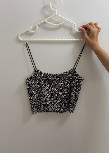 Diğer İnce Askılı Siyah Desenli Crop Top