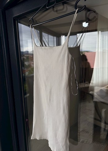 Beyaz İp Askılı Midi Keten Elbise - Görsel 3