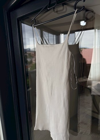 Beyaz İp Askılı Midi Keten Elbise - Görsel 4