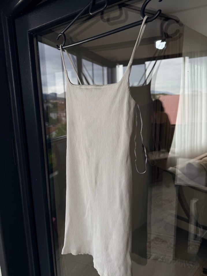 Beyaz İp Askılı Midi Keten Elbise - Görsel 3