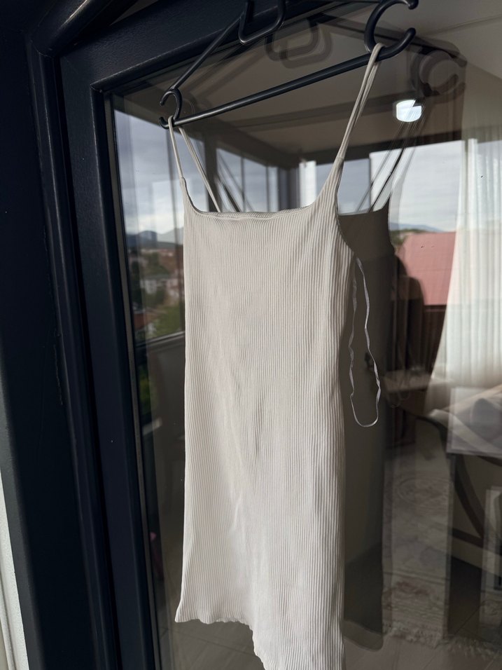 Beyaz İp Askılı Midi Keten Elbise - Görsel 4