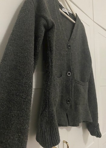 Gri Örgü Kadın Hırka V Yaka Midi - Görsel 4