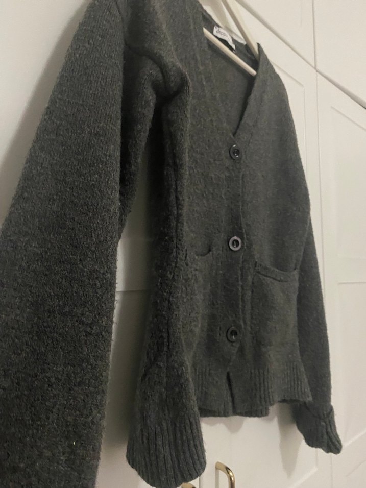 Gri Örgü Kadın Hırka V Yaka Midi - Görsel 4