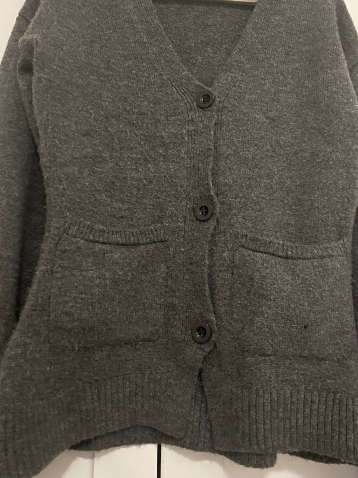 Gri Örgü Kadın Hırka V Yaka Midi - Görsel 3