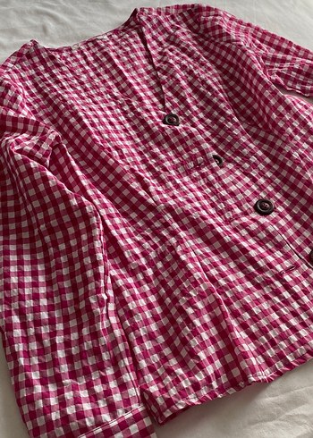 Pembe Ekose Desenli Keten Gömlek