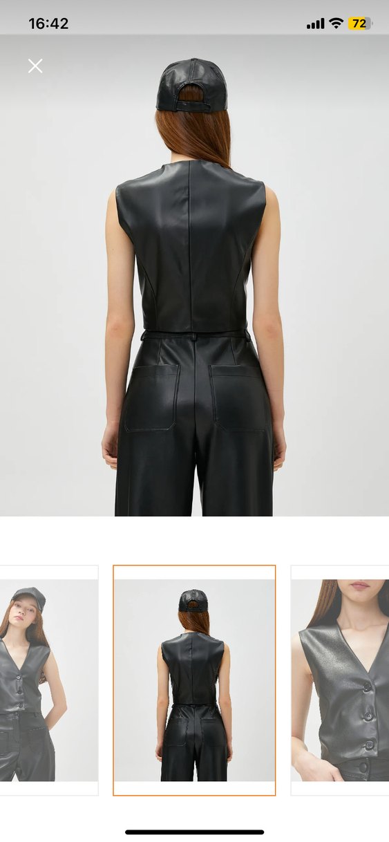 Düğmeli Siyah Deri V Yaka Kolsuz Mini Yelek - Görsel 2