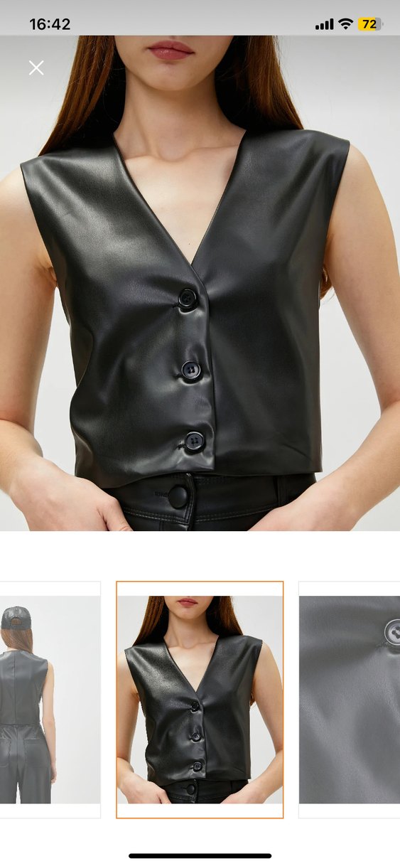 Düğmeli Siyah Deri V Yaka Kolsuz Mini Yelek - Görsel 3