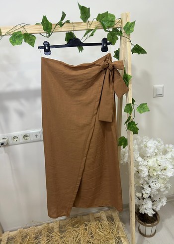 m Beden kahverengi Renk Bej Kemerli Keten Etek