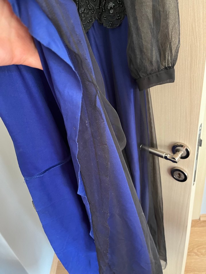 Nakışlı Drapeli Uzun Mavi Siyah Abiye Elbise - Görsel 3