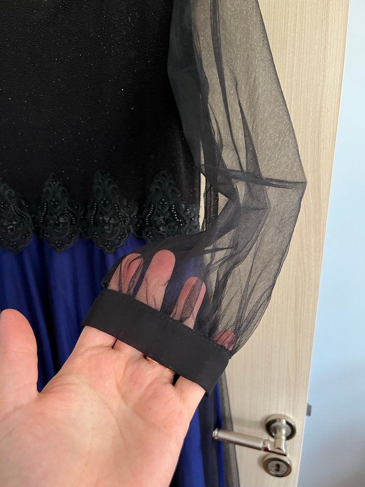 Nakışlı Drapeli Uzun Mavi Siyah Abiye Elbise - Görsel 4