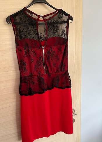 Kırmızı Mini Dantel Detaylı Straplez Elbise - Görsel 2