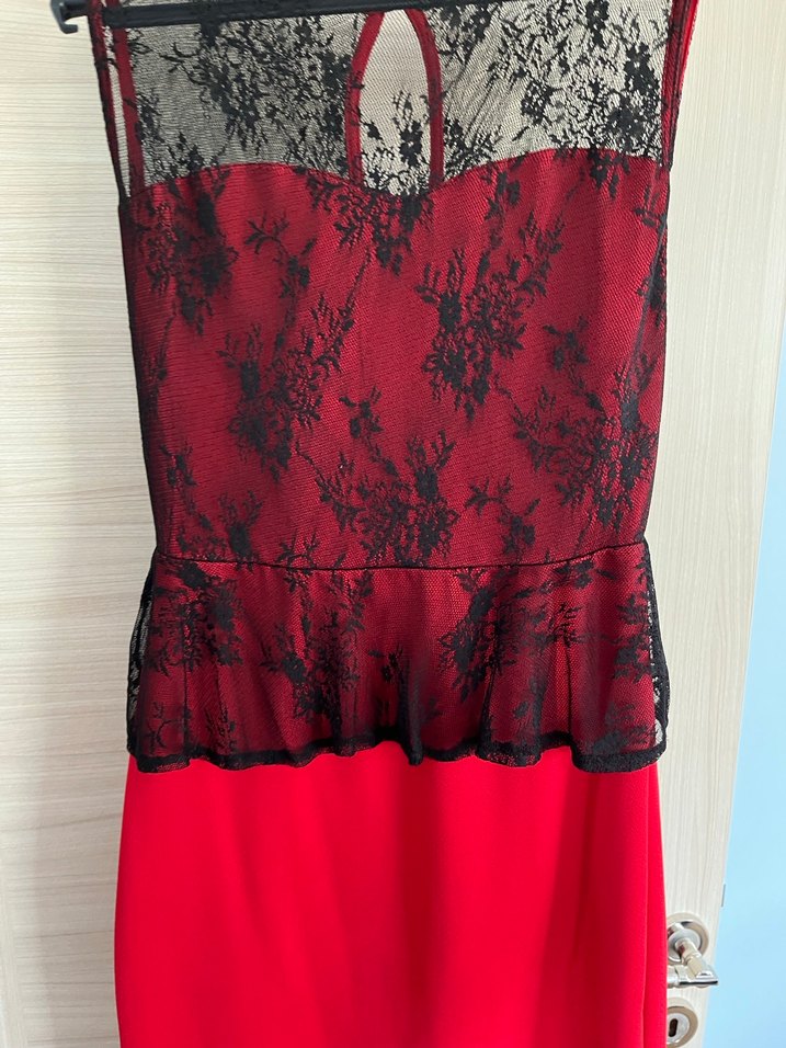 Kırmızı Mini Dantel Detaylı Straplez Elbise - Görsel 3