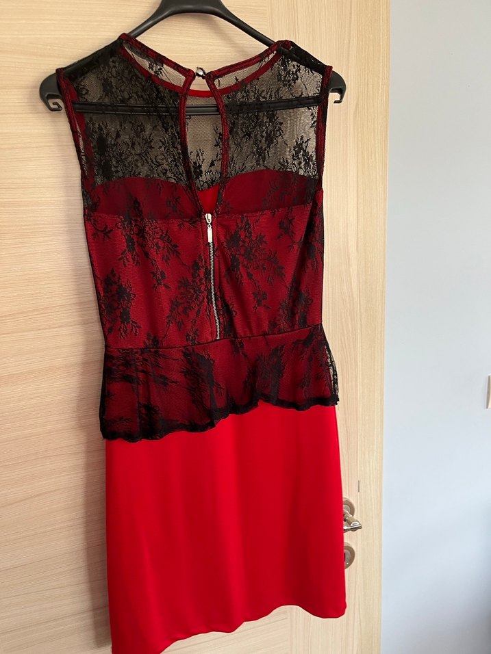 Kırmızı Mini Dantel Detaylı Straplez Elbise - Görsel 2