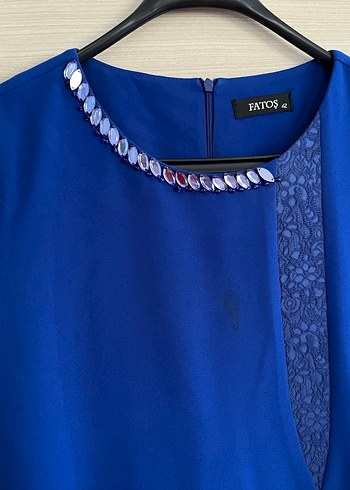 Mavi yarı Uzun Klasik Kadın Elbise - Görsel 4