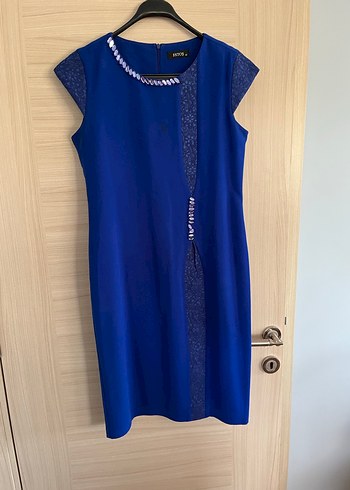 Mavi yarı Uzun Klasik Kadın Elbise - Görsel 2