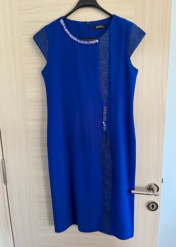 Mavi yarı Uzun Klasik Kadın Elbise - Görsel 5