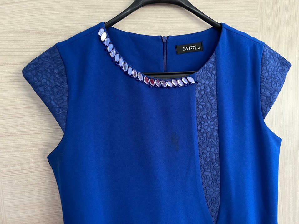 Mavi yarı Uzun Klasik Kadın Elbise - Görsel 4