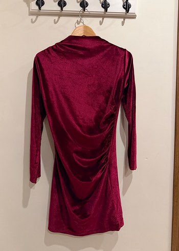 Bordo Kadife Uzun Kollu Drapeli Mini Elbise - Görsel 4