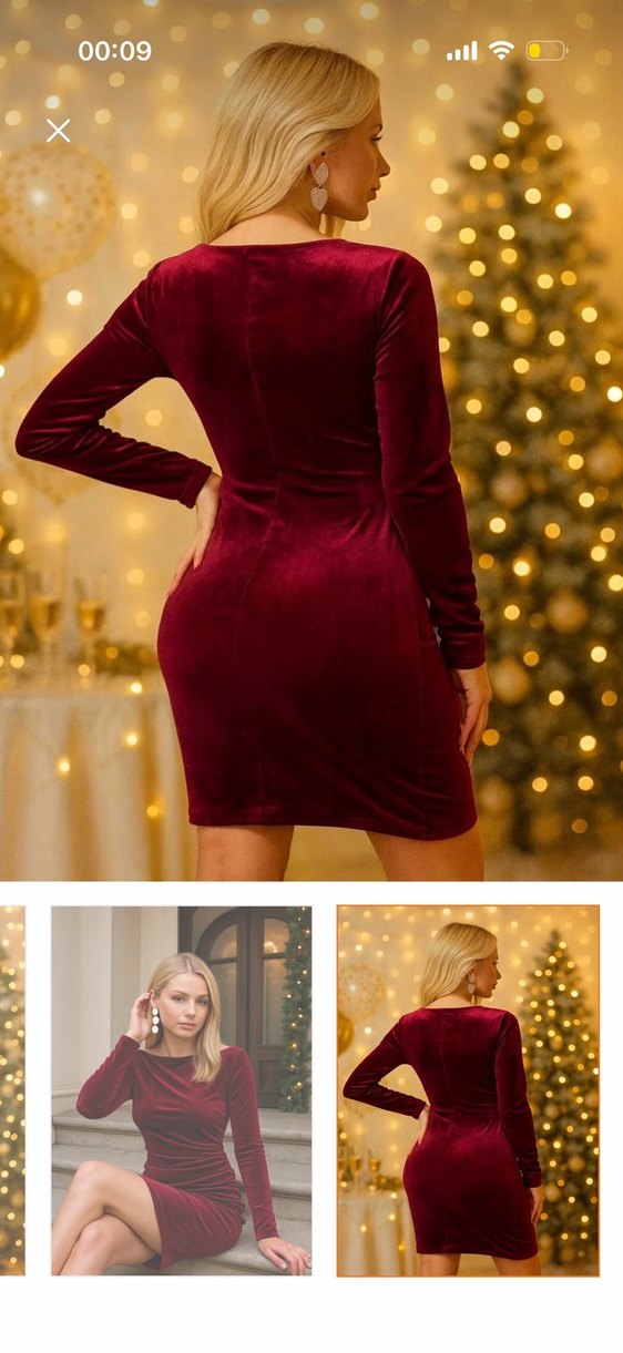 Bordo Kadife Uzun Kollu Drapeli Mini Elbise - Görsel 3