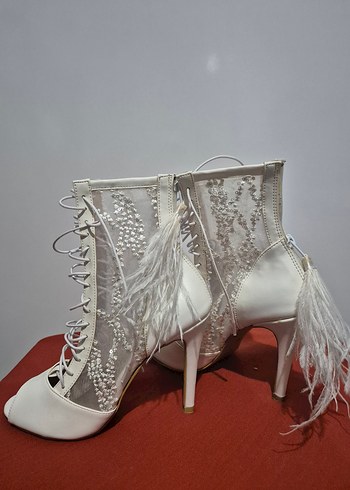 Dantel Detaylı Beyaz Yüksek Topuklu Kadın Yazlık bot - Görsel 4