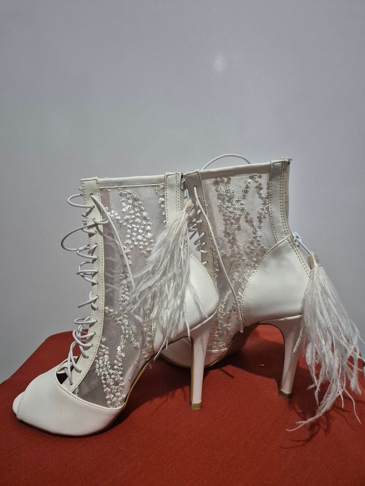 Dantel Detaylı Beyaz Yüksek Topuklu Kadın Yazlık bot - Görsel 4