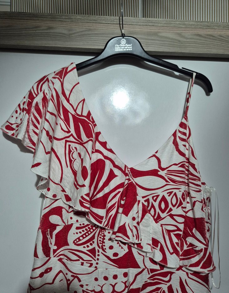 Kırmızı V Yaka tek omuz elbise - Görsel 3