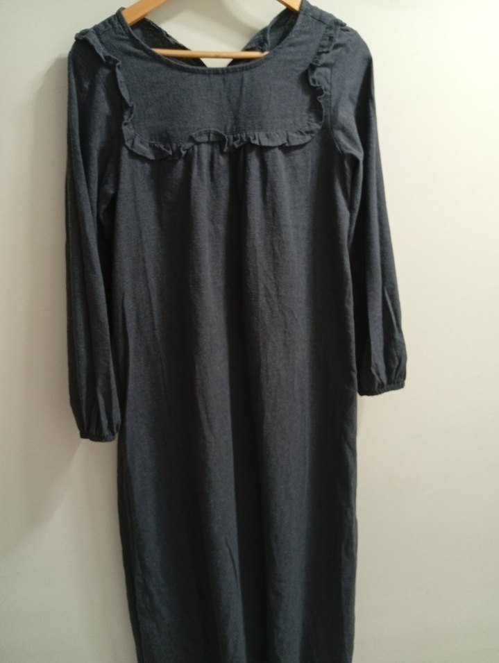 Gri Keten elbise, Uzun Kollu, Fırfırlı - Görsel 2