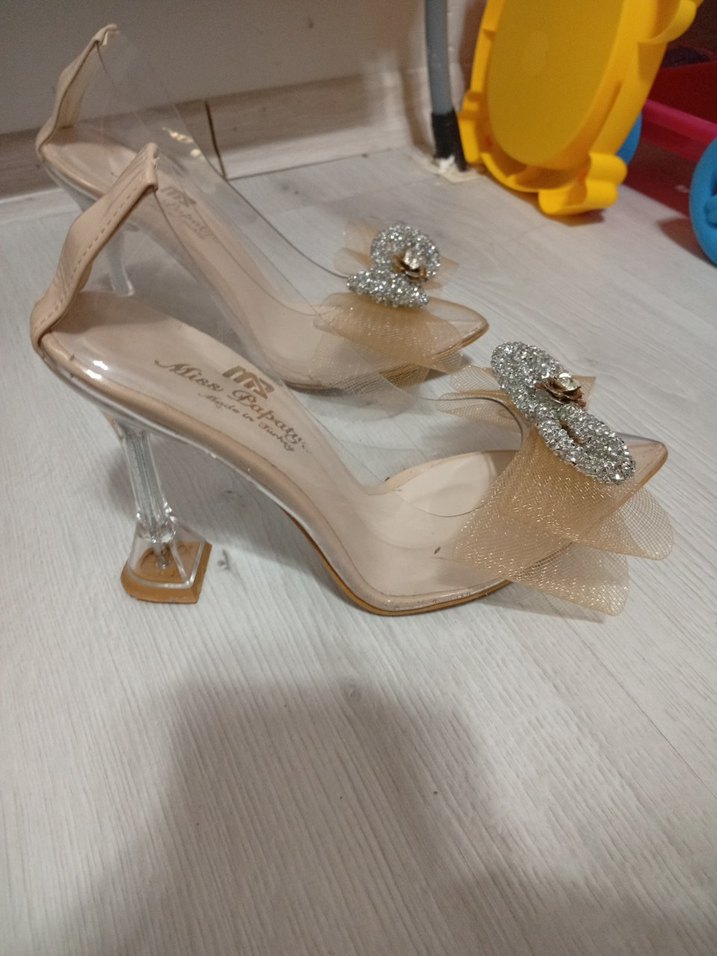 Diger Bej Yüksek Topuklu Cam Kumaşlı Kadın Abiye Ayakkabı - Görsel 2