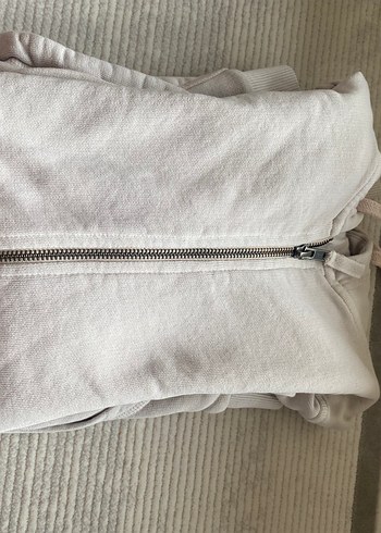 Kadın Krem Fermuarlı Kapüşonlu Sweatshirt - Görsel 6