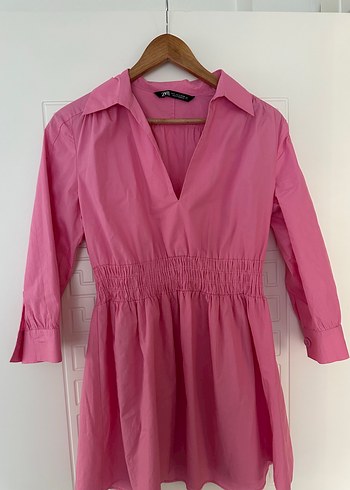 Pembe V Yaka Midi Keten Elbise
