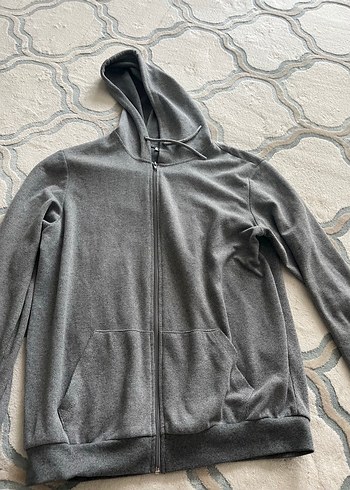 Gri Kapüşonlu Fermuarlı Erkek Sweatshirt