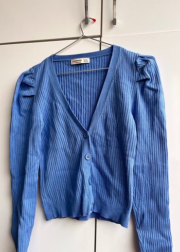 V Yaka Düğmeli Mavi Kadın Hırka - Görsel 3