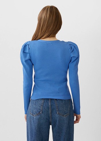 V Yaka Düğmeli Mavi Kadın Hırka - Görsel 2