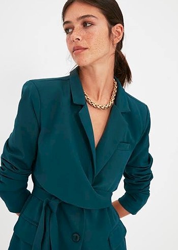 Zincir Detaylı Uzun Turkuaz Kadın Blazer