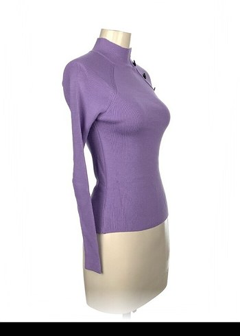 Düğmeli Yüksek Yaka Mor Triko Kazak - Görsel 2