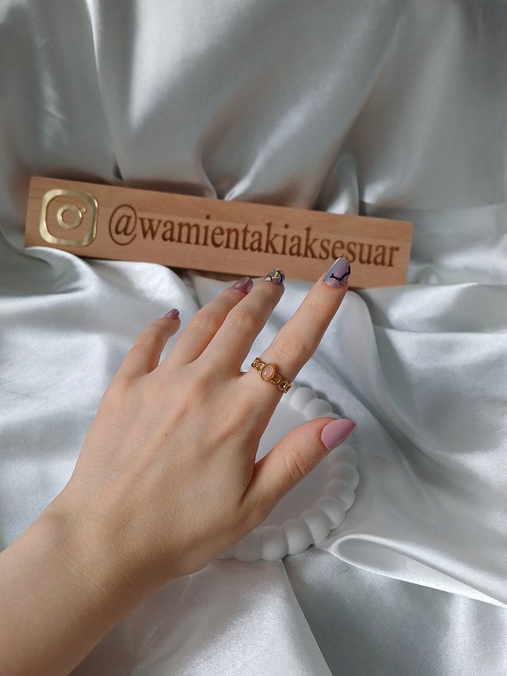 Çelik Ayarlamalı Vintage Pembe Taşlı Yüzük - Görsel 2