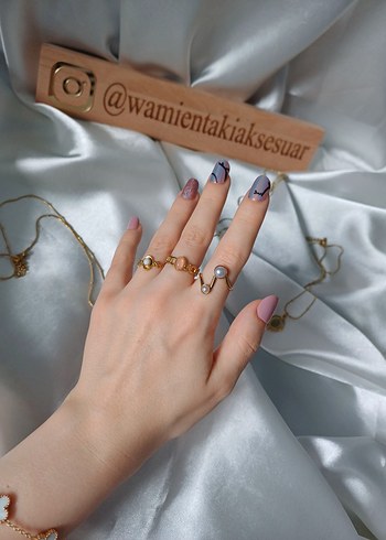 Çelik Ayarlamalı Vintage 2'li Beyaz Taşlı Yüzük - Görsel 3