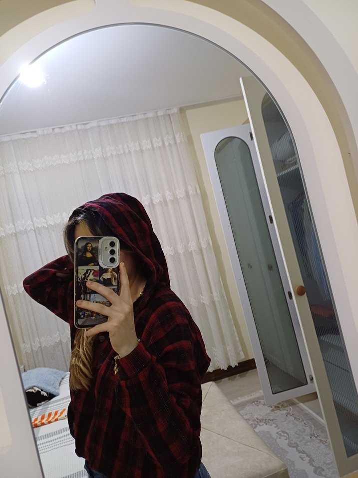 Kadın Ekoseli Şapkalı Gömlek - Görsel 4